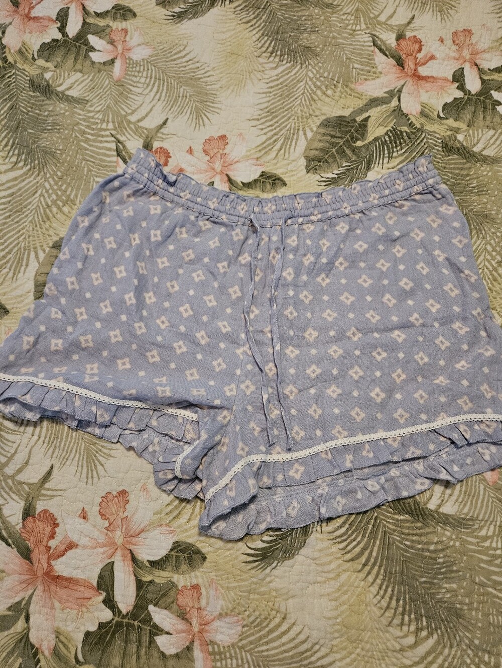 Soft Blue Printed Ruffle Sleep Shorts